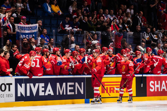 Artyom Anisimov and Nikita Gusev of Russia celebrate with