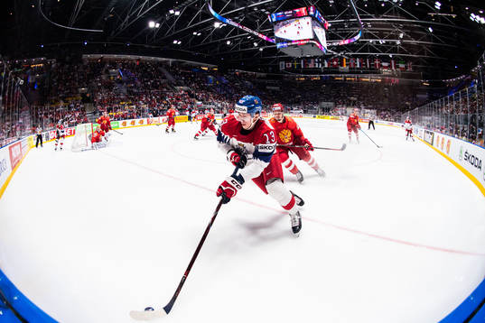 Jakub Vrana of Czech Republic and Mikhail Sergachyov of