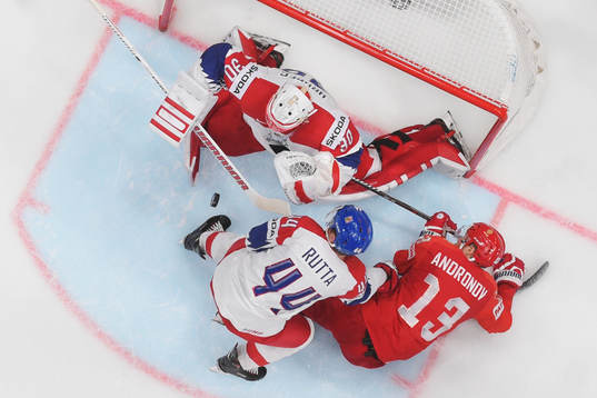 Goaltender Simon Hrubec and Jan Rutta of Czech Republic are