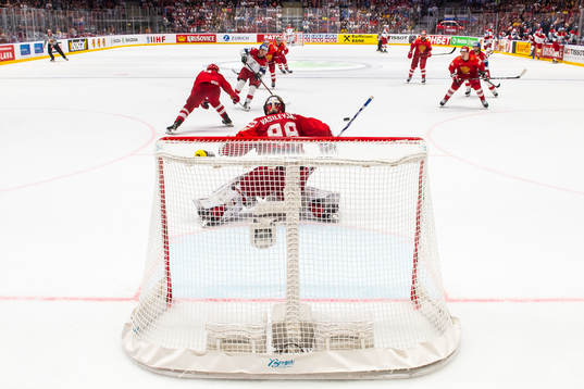 Goaltender Andrei Vasilevski of Russia with a save
