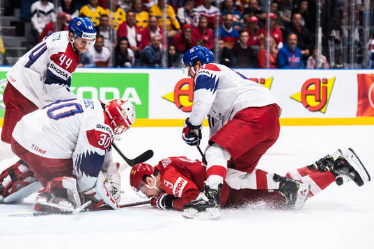 Jan Rutta, goaltender Simon Hrubec and Jan Kovar of Czech