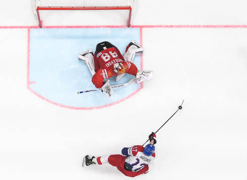 Filip Hronek of Czech Republic with the final penalty shot