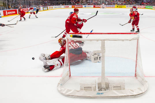 Goaltender Andrei Vasilevski of Russia with a save the 2019