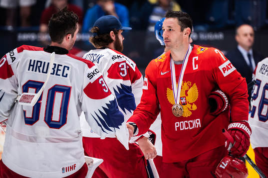 Goaltender Simon Hrubec of Czech Republic shake hands with