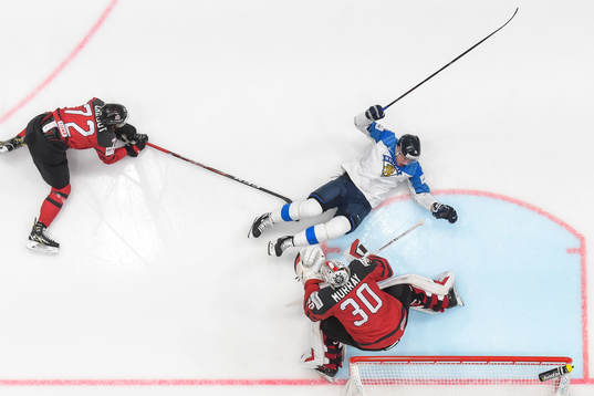 Thomas Chabot and goaltender Matt Murray of Canada against