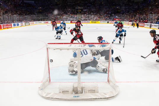 Shea Theodore of Canada scores 1-0 behind goaltender Kevin