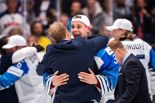 Goaltender Kevin Lankinen of Finland celebrate their win