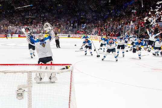 Goaltender Kevin Lankinen of Finland celebrate their win