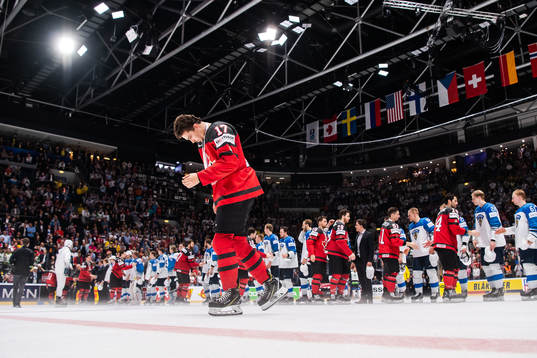 Dylan Strome of Canada looks dejected