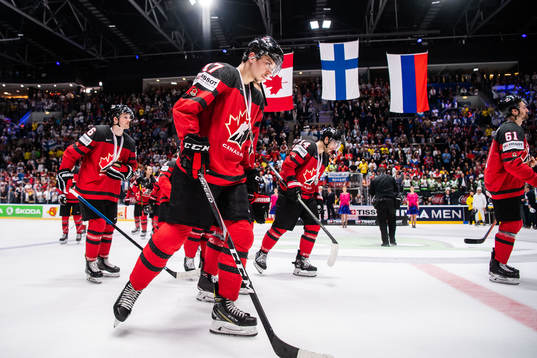 Dylan Strome of Canada looks dejected