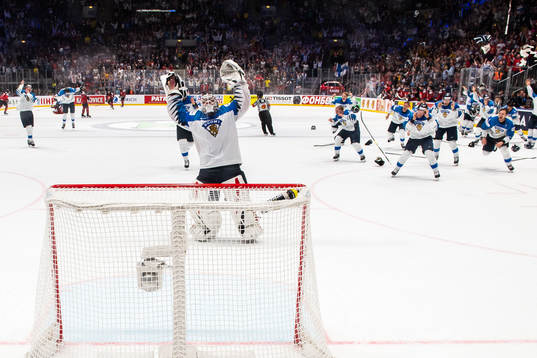 Goaltender Kevin Lankinen of Finland celebrate their win