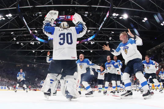 Players of Finland celebrate their win