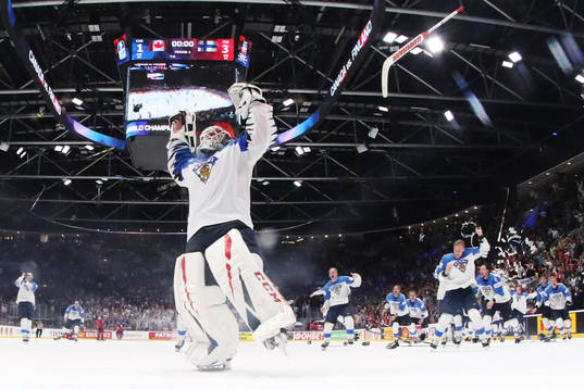 Goaltender Kevin Lankinen of Finland celebrates his team's