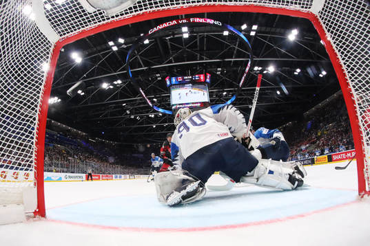 Shea Theodore of Canada scores 1-0 behind goaltender Kevin
