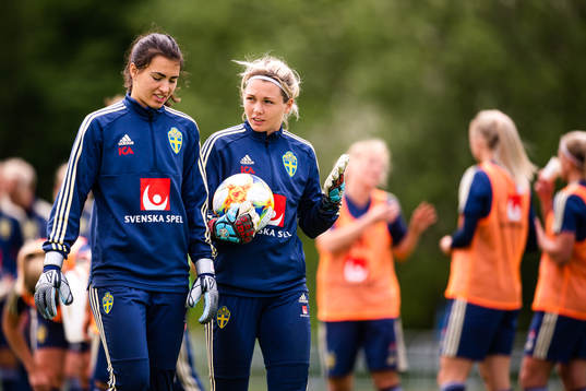 Goalkeeper Jennifer Falk and Zecira Musovic of Swedish