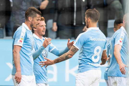 Malmö FFs Anders Christiansen jublar med Markus Rosenberg