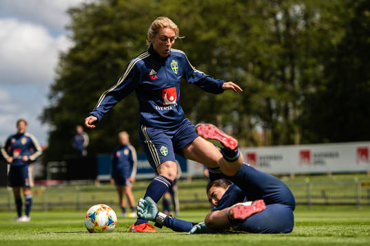 Mimmi Larsson and goalkeeper Zecira Musovic of Swedish