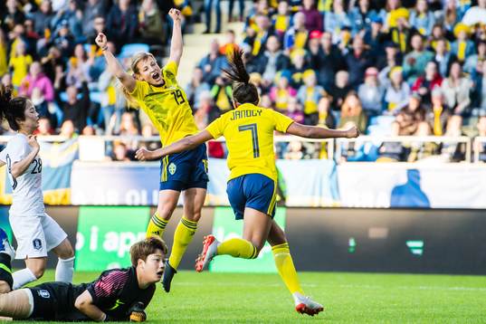 Anna Anvegård and Madelen Janogy of Sweden celebrate