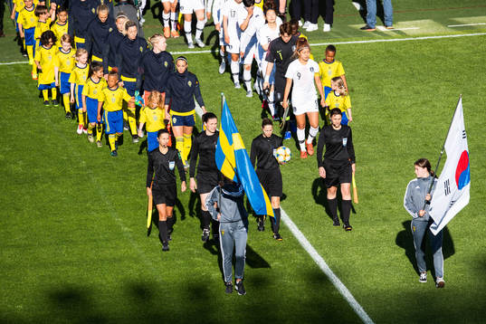 Flag holders, referees and the teams of Sweden and of South