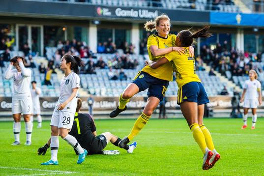 Anna Anvegård and Madelen Janogy of Sweden celebrate
