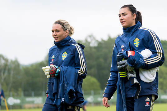 Goalkeepers Jennifer Falk and Zecira Musovic of Swedish