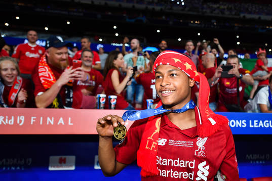 Rhian Brewster of Liverpool celebrate with the medal