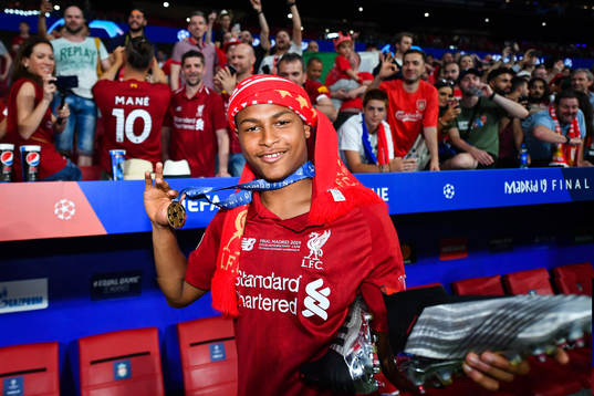 Rhian Brewster of Liverpool celebrate with the medal