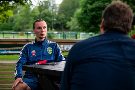 Niklas Hult of the Swedish national football team speaks to