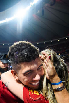 Roberto Firmino of Liverpool celebrating winning the UEFA