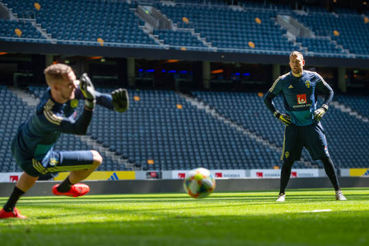 Goalkeeper Kristoffer Nordfeldt watch a save from Robin