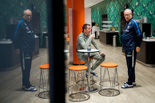 Lars Lagerbäck, head coach of Norway, and Per Joar Hansen,