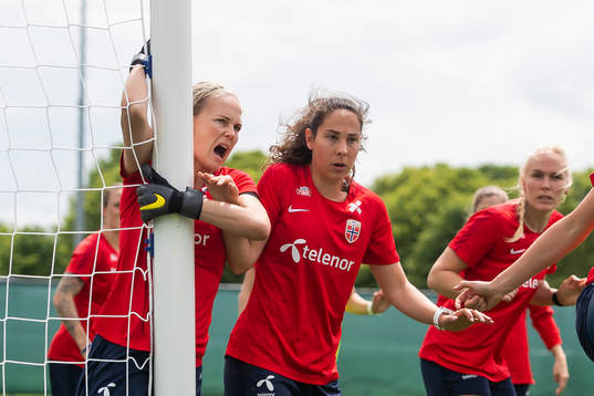 Goalkeeper Ingrid Hjelmseth and Ingrid Moe Wold of Norway
