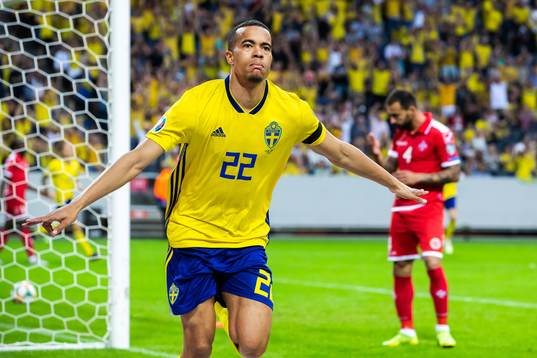 Robin Quaison of Sweden celebrates