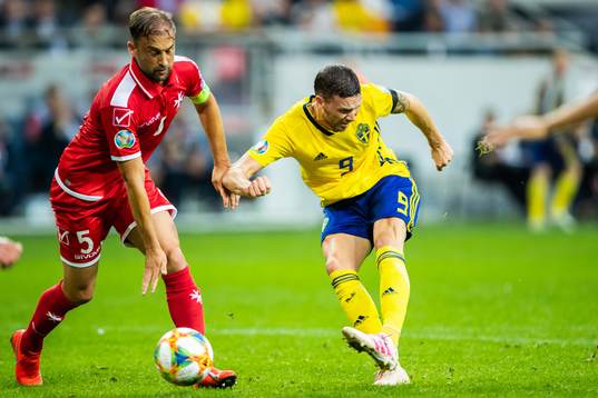 Ferdinando Apap of Malta and Marcus Berg of Sweden