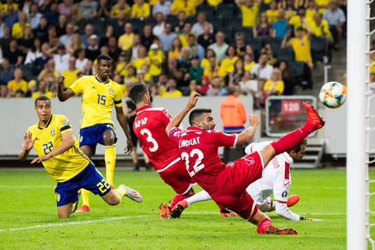 Alexander Isak scores 3-0 past Zach Muscat and goalkeeper