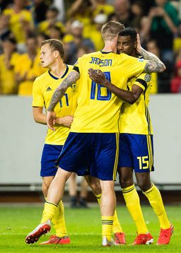 of Sweden Pontus Jansson and Alexander Isak celebrate 3-0