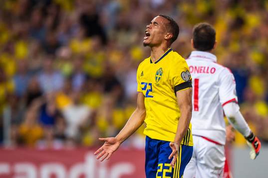 Robin Quaison of Sweden reacts