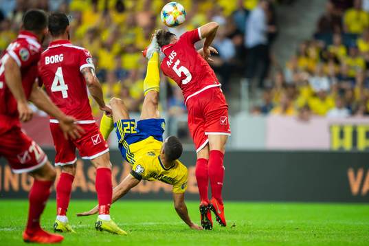 Robin Quaison of Sweden with a bicycle kick against
