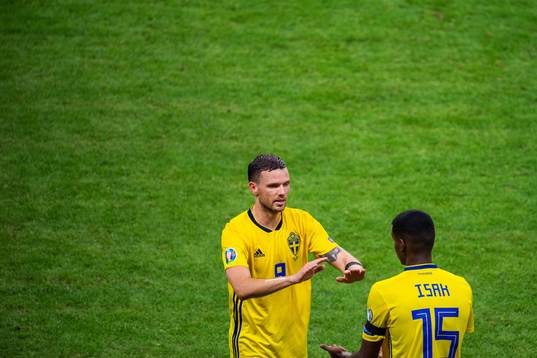 Marcus Berg changes with Alexander Isak of Sweden