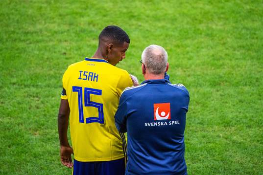 Alexander Isak of Sweden and head coach Janne Andersson
