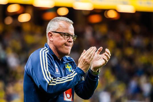 head coach Janne Andersson of Sweden celebrates