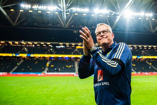Head coach Janne Andersson of Sweden celebrates