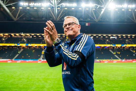 Head coach Janne Andersson of Sweden celebrates