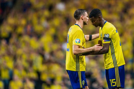 Marcus Berg changes with Alexander Isak of Sweden