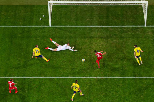 Viktor Claesson, Robin Quaison and Marcus Berg of Sweden in