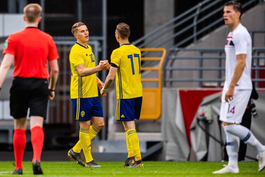 Viktor Gyökeres and Jake Larsson of Sweden celebrate