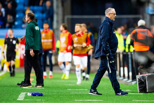 Lars Lagerbäck, head coach of Norway, looks dejected
