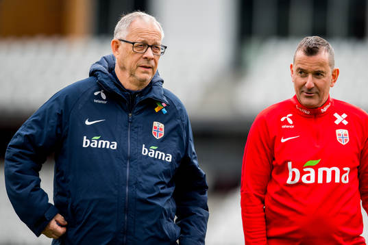 Lars Lagerbäck, head coach of Norway, and Per Joar Hansen,