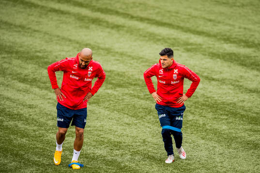 Haitam Aleesami and Tarik Elyounoussi of Norway
