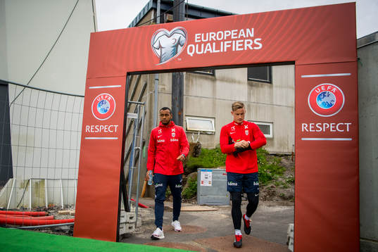 Joshua King and goalkeeper Sondre Rossbach of Norway
